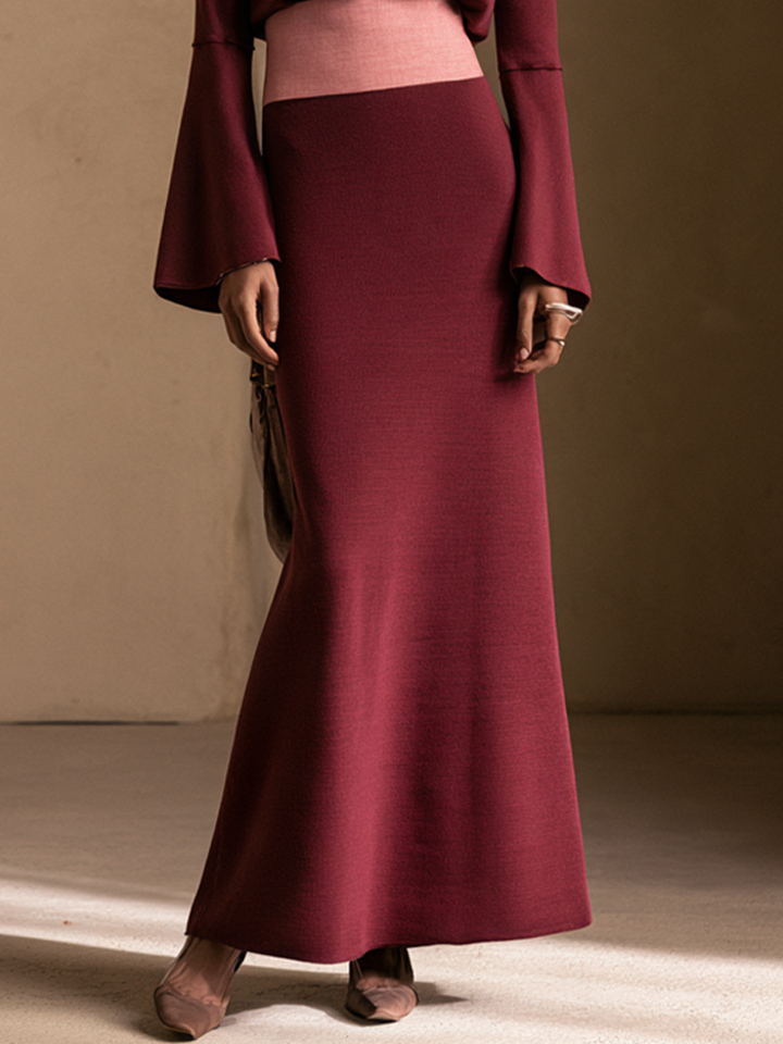 Women's Contrast Waistband Elegant Boat Neck Bell Sleeve Maxi Dress