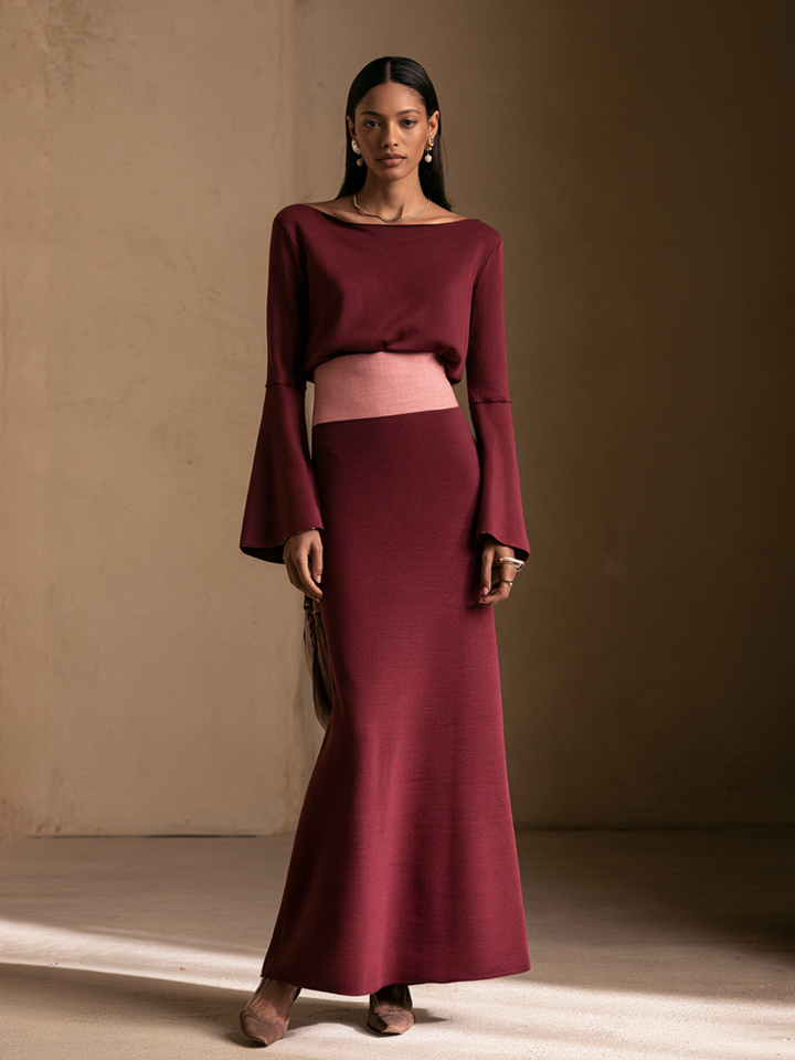 Women's Contrast Waistband Elegant Boat Neck Bell Sleeve Maxi Dress