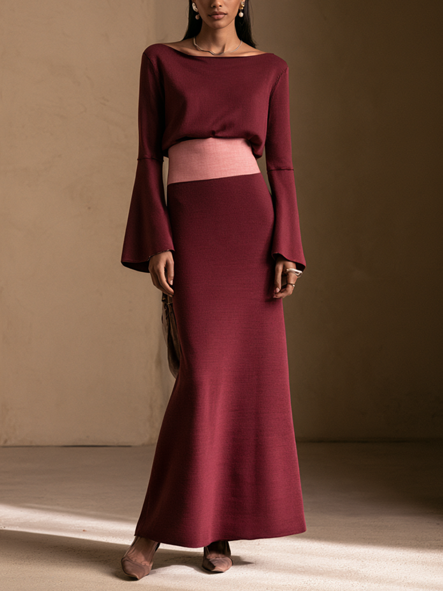 Women's Contrast Waistband Elegant Boat Neck Bell Sleeve Maxi Dress