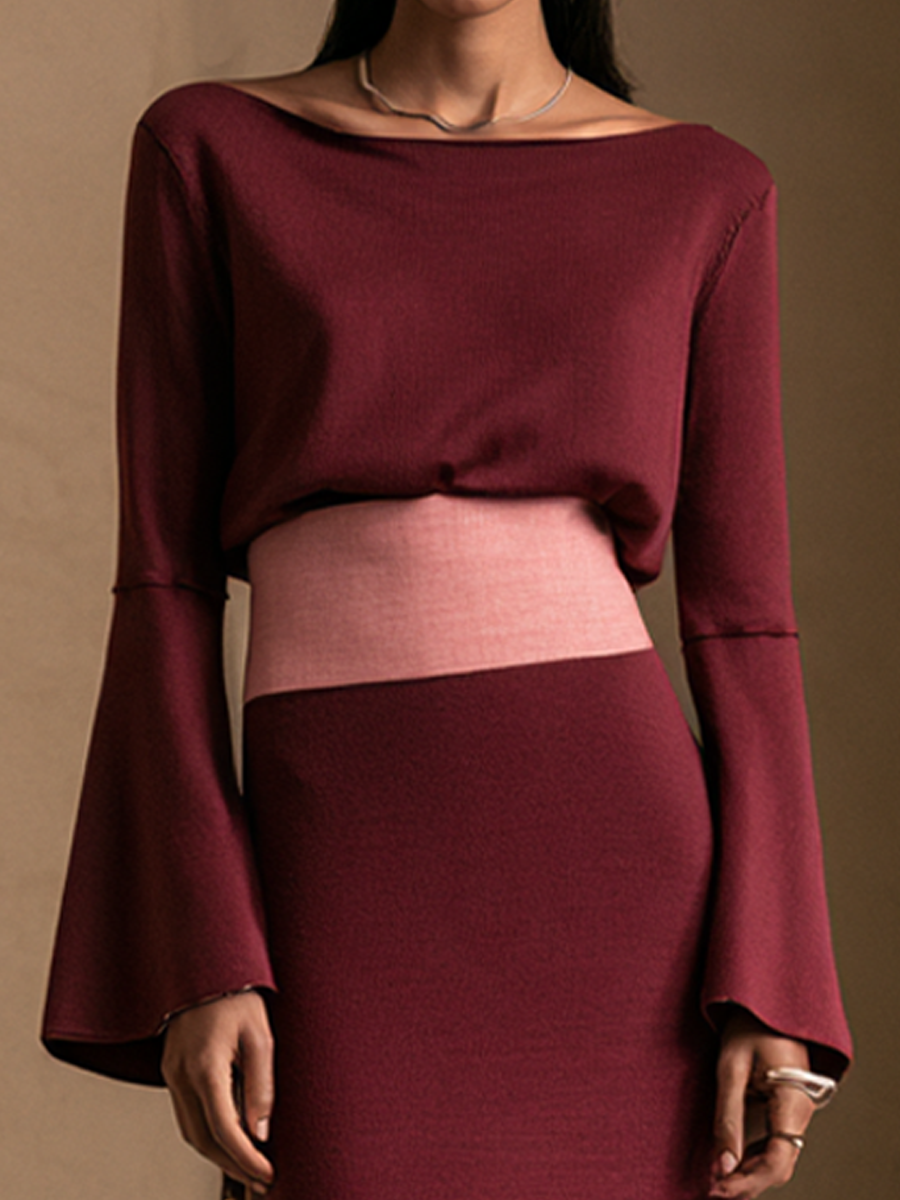 Women's Contrast Waistband Elegant Boat Neck Bell Sleeve Maxi Dress