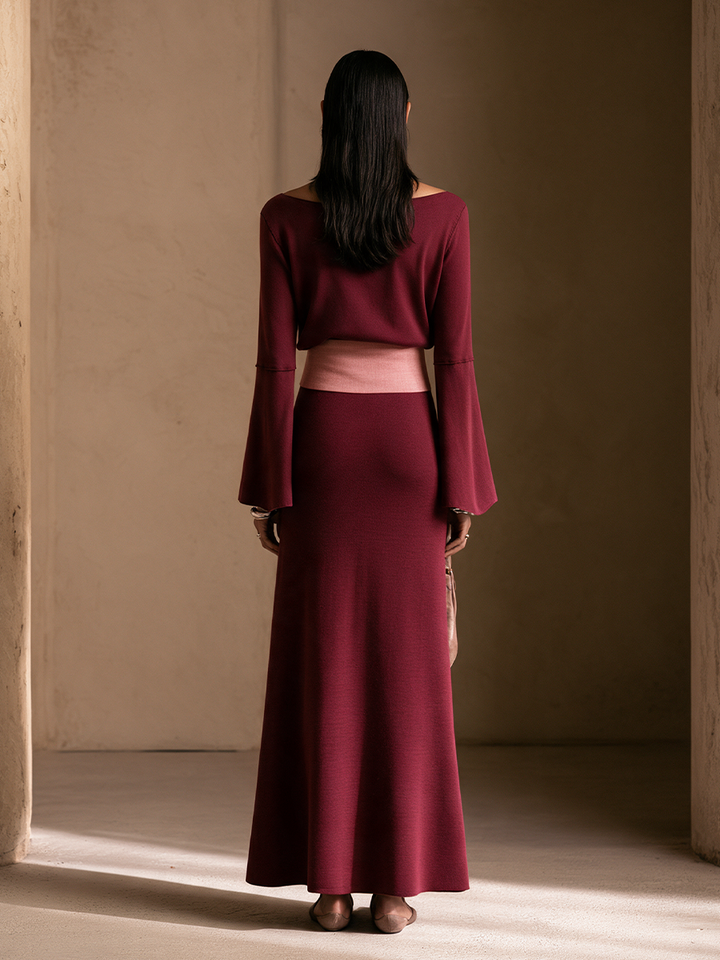 Women's Contrast Waistband Elegant Boat Neck Bell Sleeve Maxi Dress