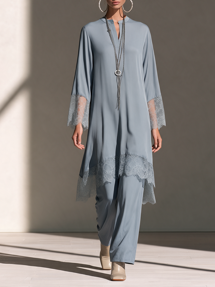 Women's Stand-Collar Lace-Trim Longline Tunic & Wide-Leg Trouser Set