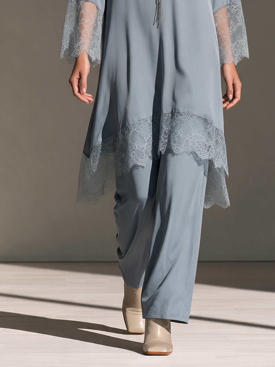 Women's Stand-Collar Lace-Trim Longline Tunic & Wide-Leg Trouser Set