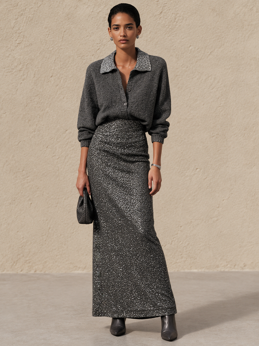 Women's Sequin Panel Elegant Collared Sweater And Maxi Skirt Set