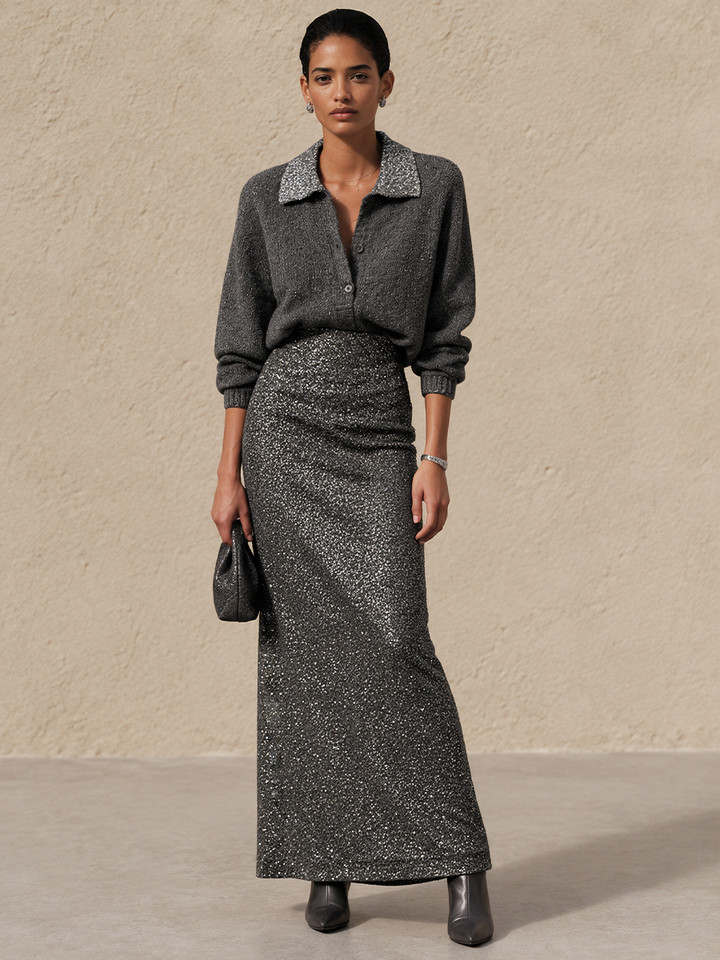 Women's Sequin Panel Elegant Collared Sweater And Maxi Skirt Set