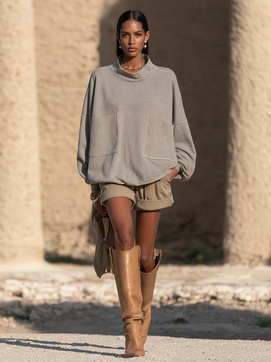 Conjunto de sudadera de cuello alto y shorts casual con costuras en contraste para mujer