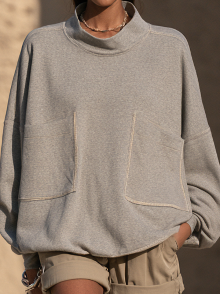 Conjunto de sudadera de cuello alto y shorts casual con costuras en contraste para mujer