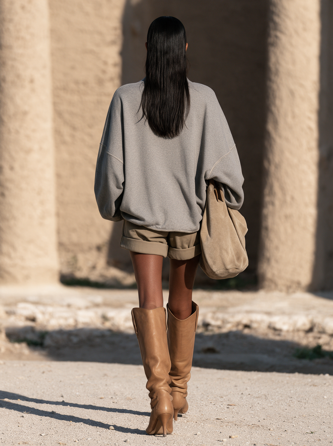Conjunto de sudadera de cuello alto y shorts casual con costuras en contraste para mujer