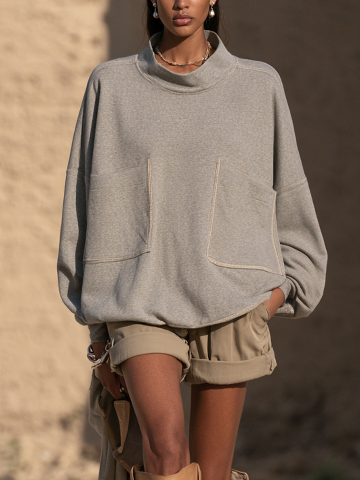 Conjunto de sudadera de cuello alto y shorts casual con costuras en contraste para mujer