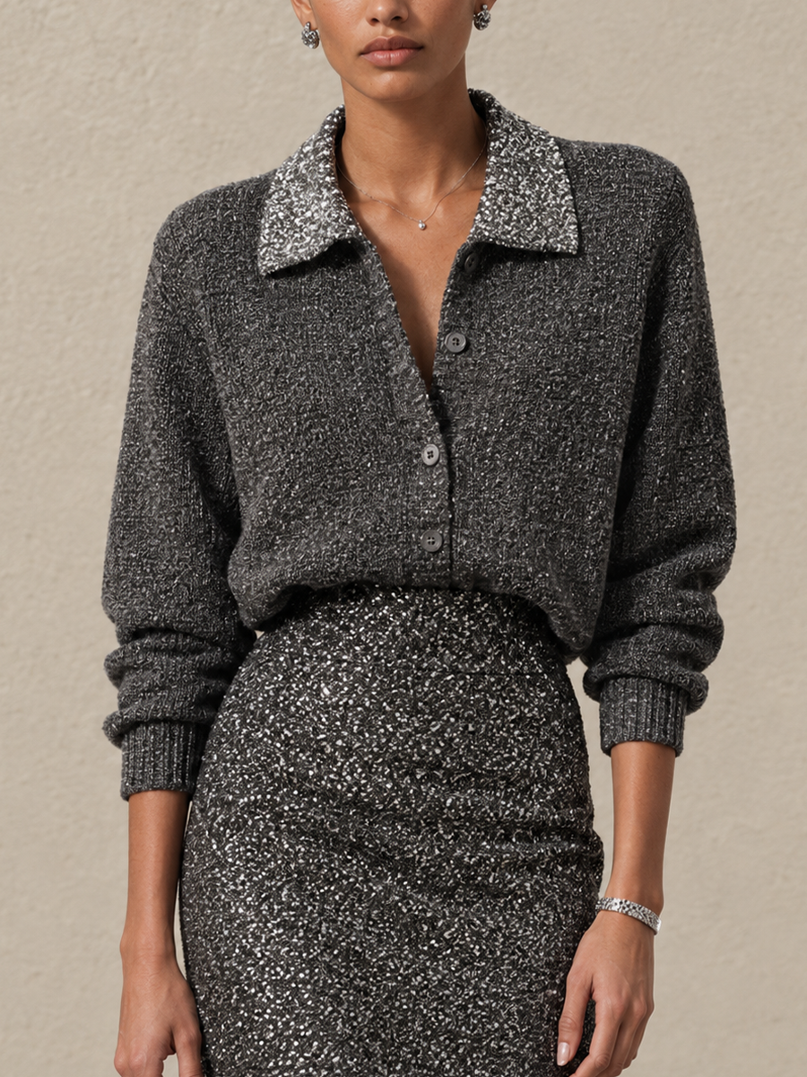 Women's Sequin Panel Collar Elegant Long Sleeve Sweater