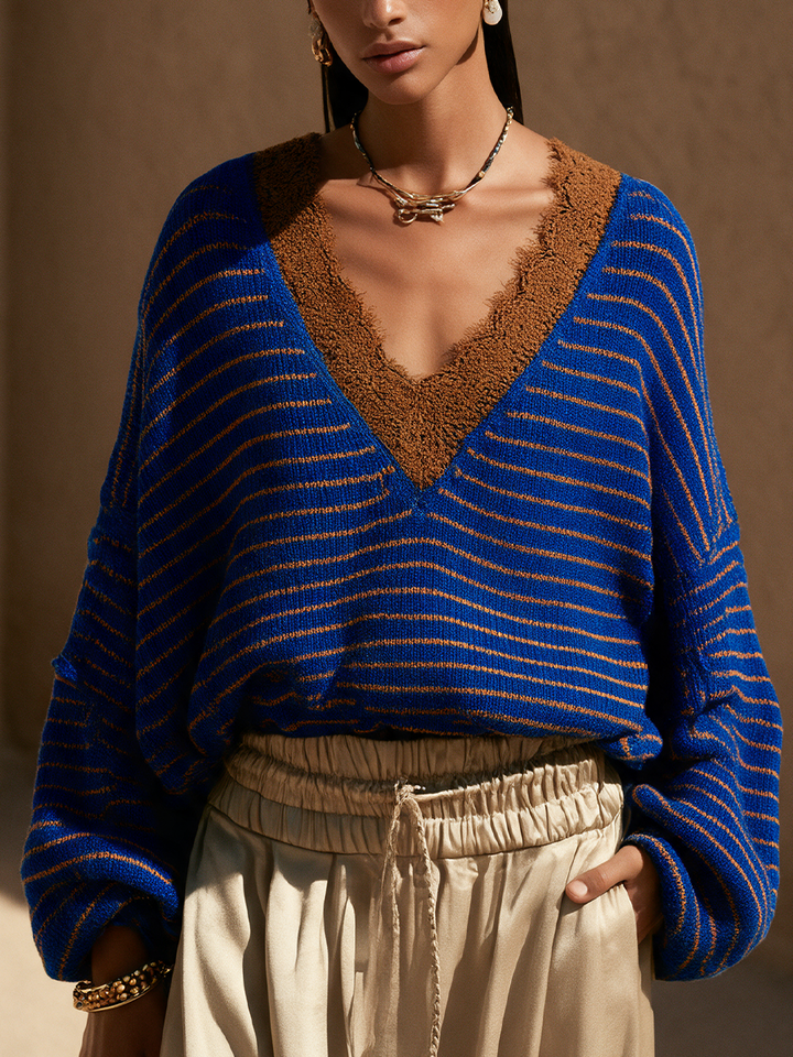 Women's Striped Lace Panel Casual V-Neck Sweater
