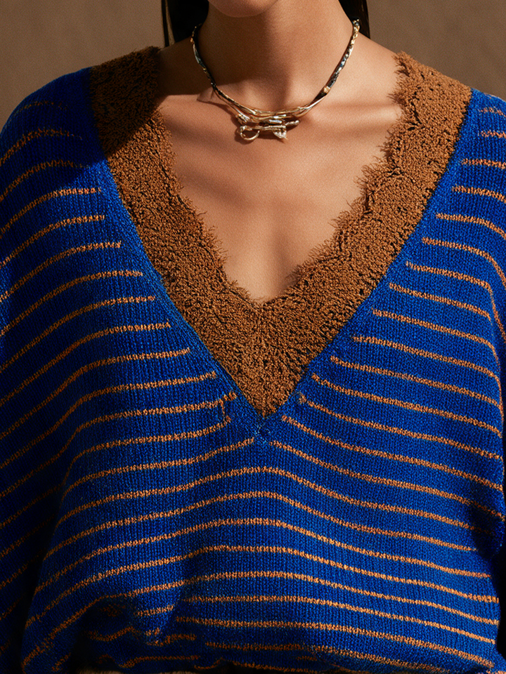Women's Striped Lace Panel Casual V-Neck Sweater
