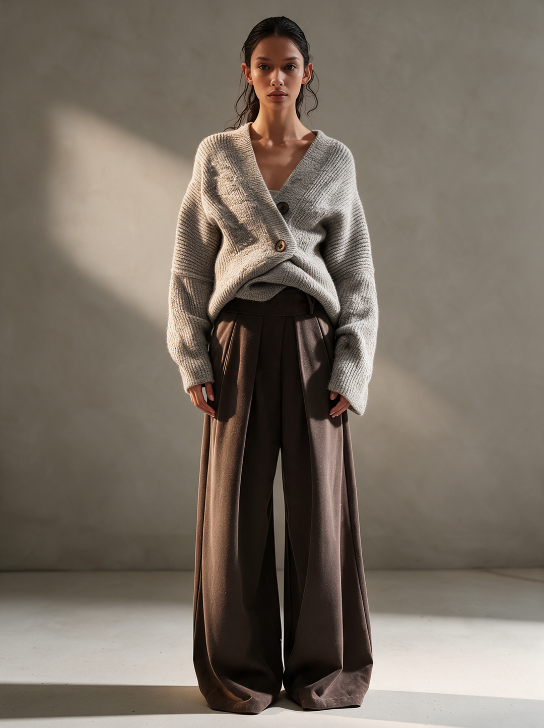 Women's Heather Gray V-Neck Crossed Wrap Side Button Oversized Knit Sweater