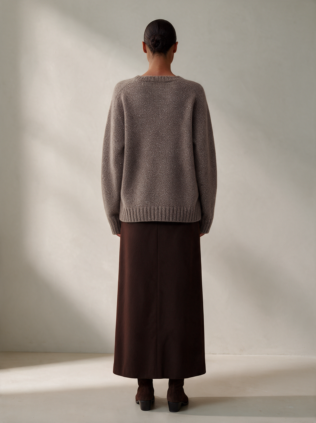 Women's Asymmetric Off-Shoulder Side Button Oversized Knit Sweater & Dark Brown Maxi Skirt Set