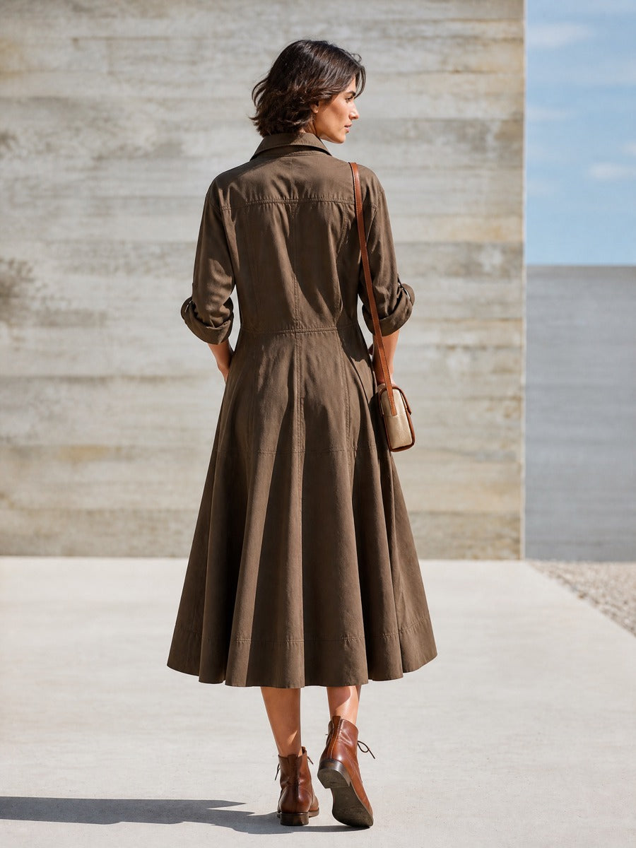 Vestido camisero midi de algodón con cuello, escote en V, manga larga y volantes para mujer