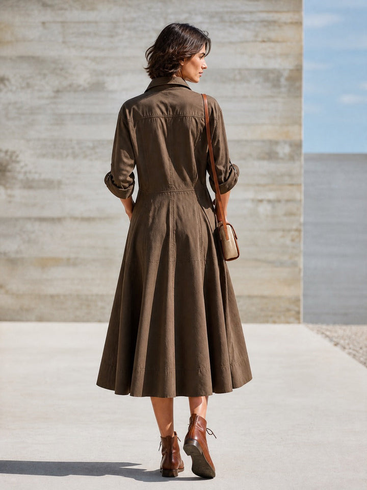 Vestido camisero midi de algodón con cuello, escote en V, manga larga y volantes para mujer