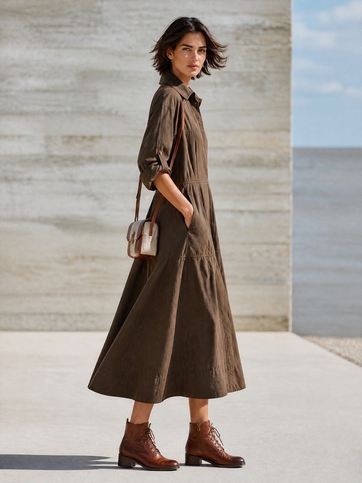 Vestido camisero midi de algodón con cuello, escote en V, manga larga y volantes para mujer