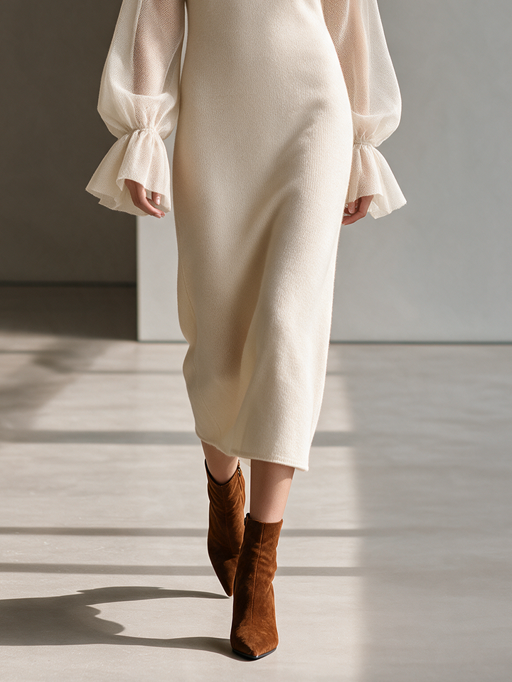 Women's V-Neck Mesh-Panel Balloon-Sleeve Straight Wool-Knit Midi Dress