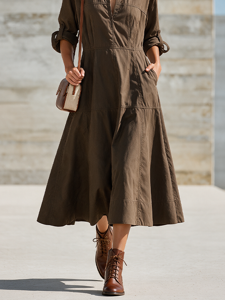 Vestido camisero midi de algodón con cuello, escote en V, manga larga y volantes para mujer