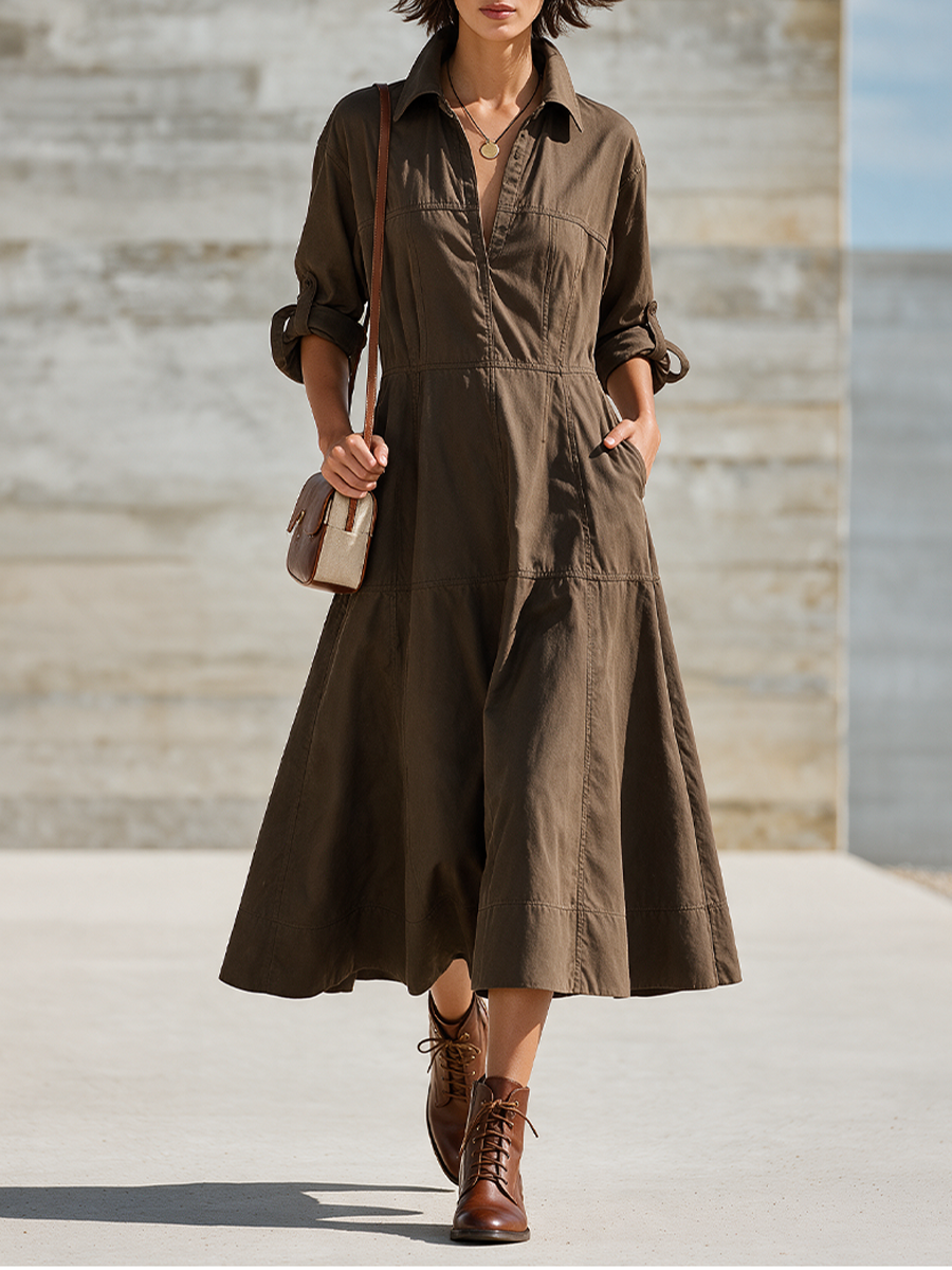 Vestido camisero midi de algodón con cuello, escote en V, manga larga y volantes para mujer