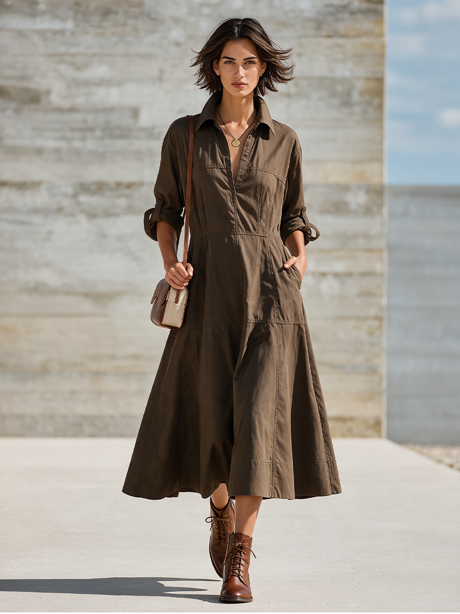 Vestido camisero midi de algodón con cuello, escote en V, manga larga y volantes para mujer