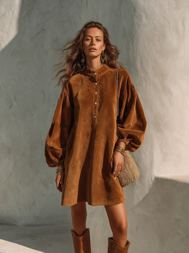 Women's Vintage Velvet Lantern-Sleeve Button-Collar Mini Dress