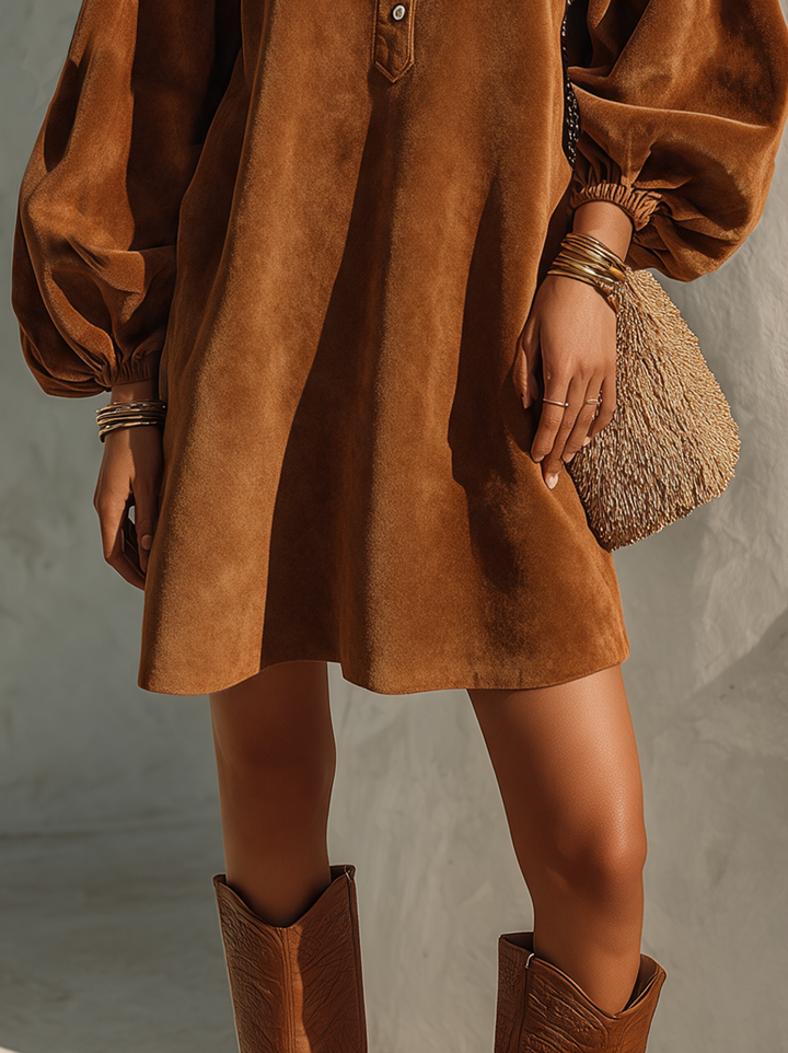 Women's Vintage Velvet Lantern-Sleeve Button-Collar Mini Dress