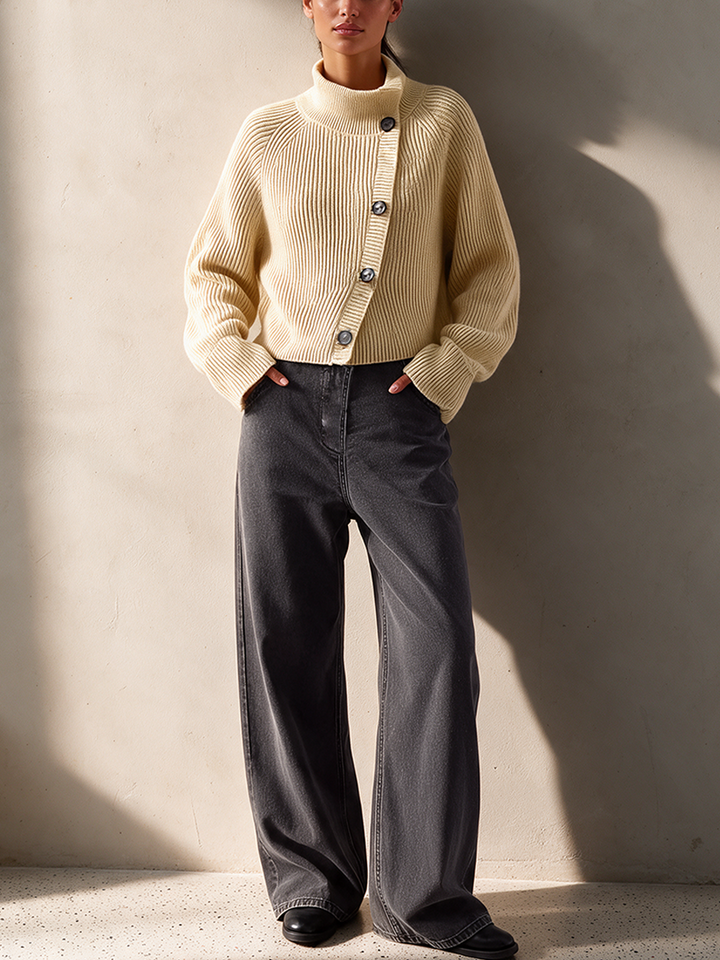 Women's Off-White Diagonal Button Turtleneck Cropped Knit Cardigan