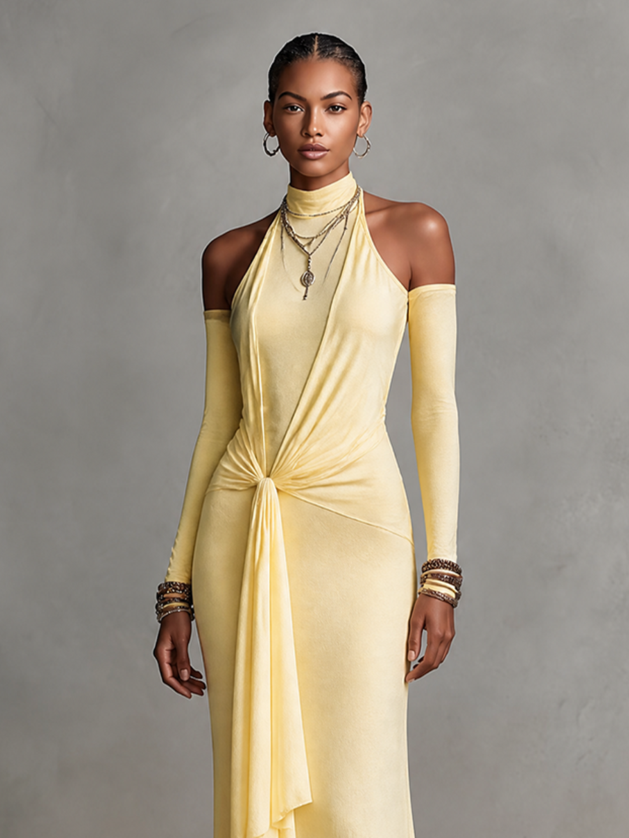 Women's Off-Shoulder Halter Neck Draped Maxi Evening Gown