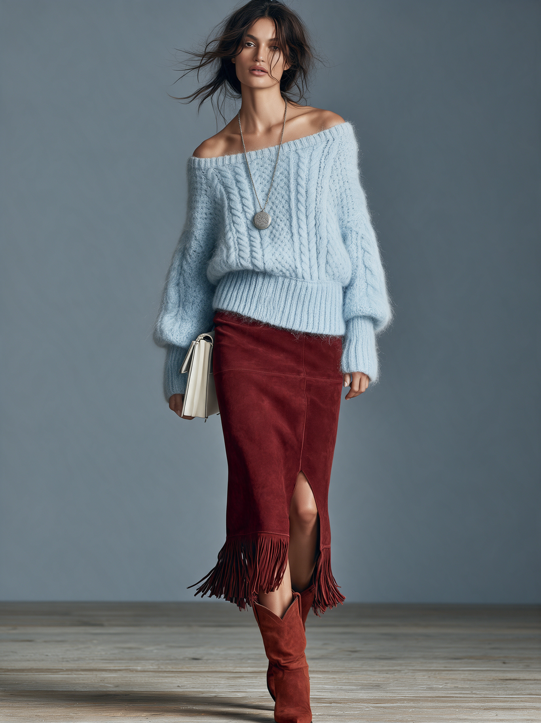 Suéter de punto trenzado vintage con hombros descubiertos para mujer