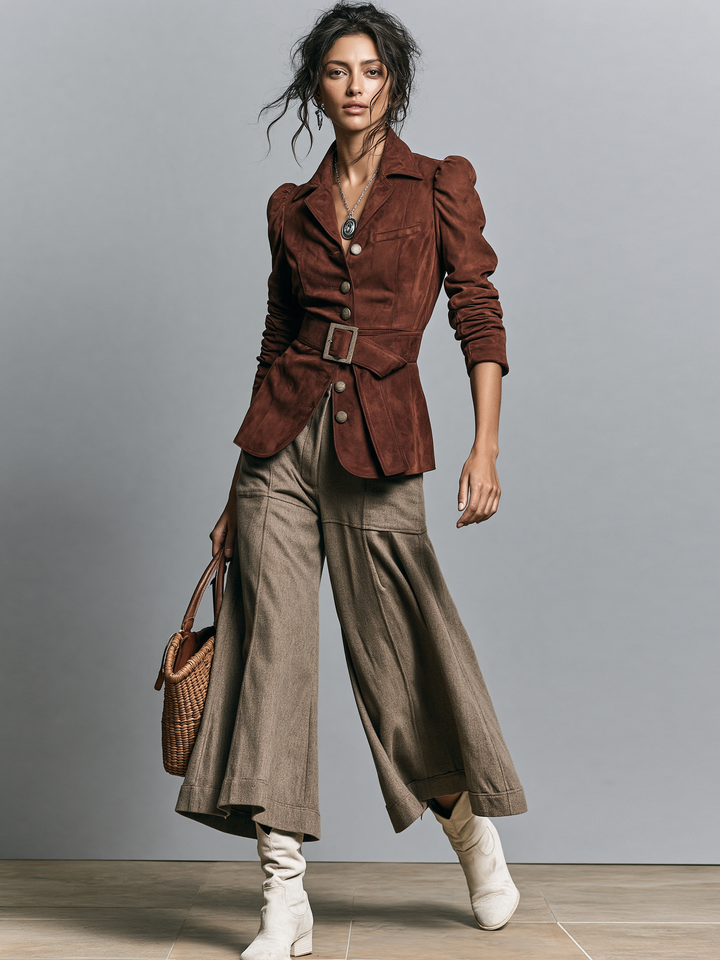 Pantalones anchos de mujer de mezcla de lana, estilo vintage y corte cropped