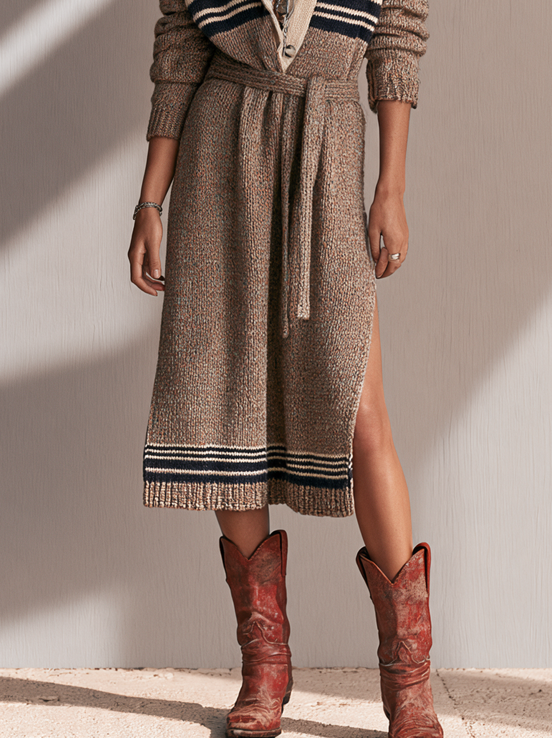 Women's Vintage Button-Front Funnel Neck Belted Knit Dress