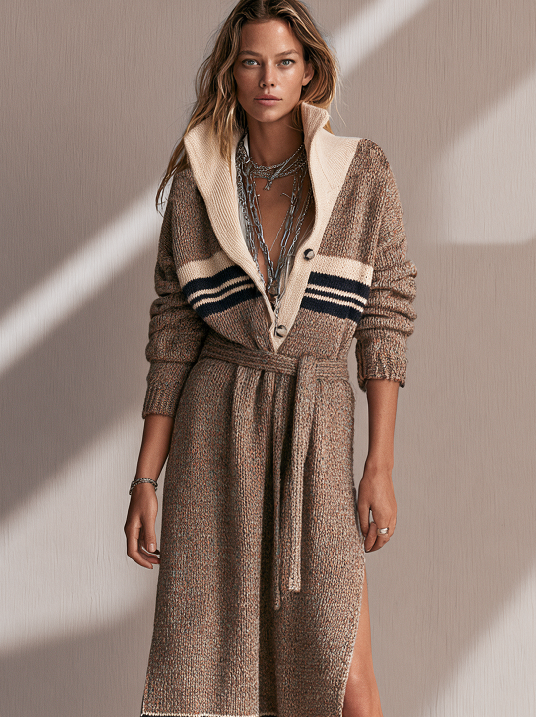 Women's Vintage Button-Front Funnel Neck Belted Knit Dress