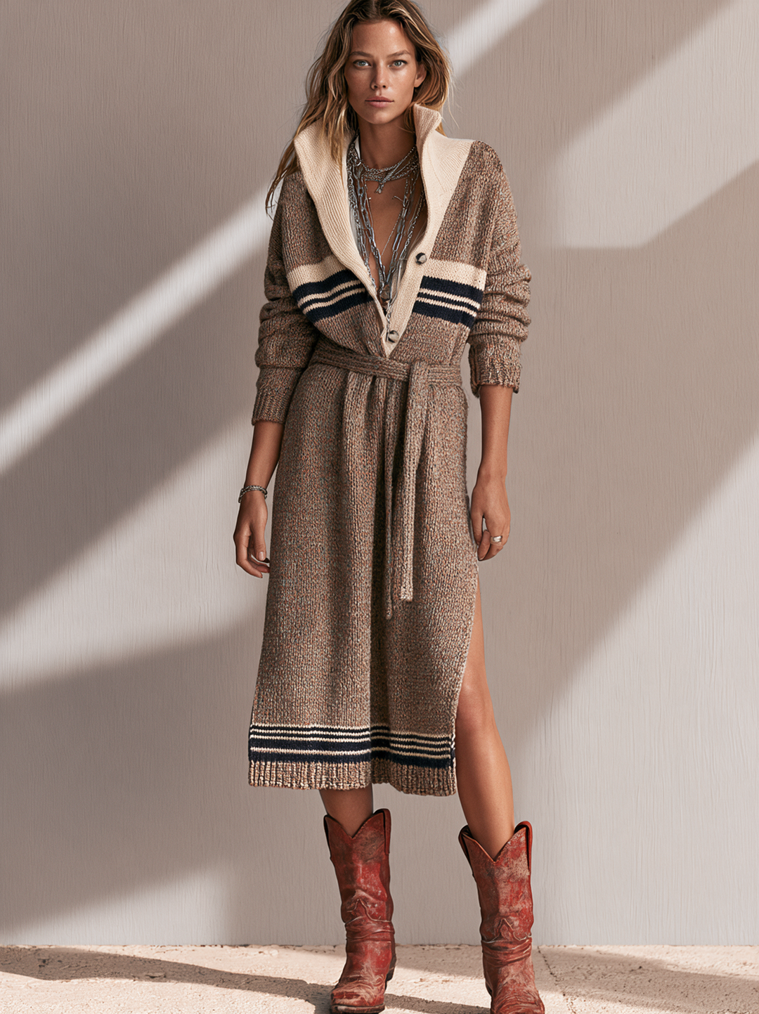Women's Vintage Button-Front Funnel Neck Belted Knit Dress