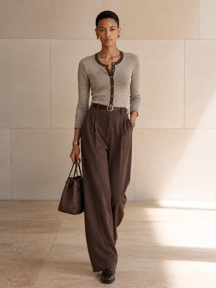 Women's Striped Trim Elegant Top And Wide-Leg Pants Set(Belt Not Included)