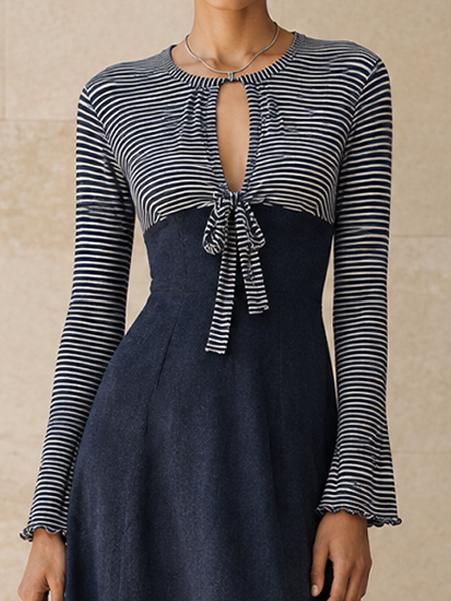 Vestido largo elegante con paneles y lazo frontal a rayas para mujer