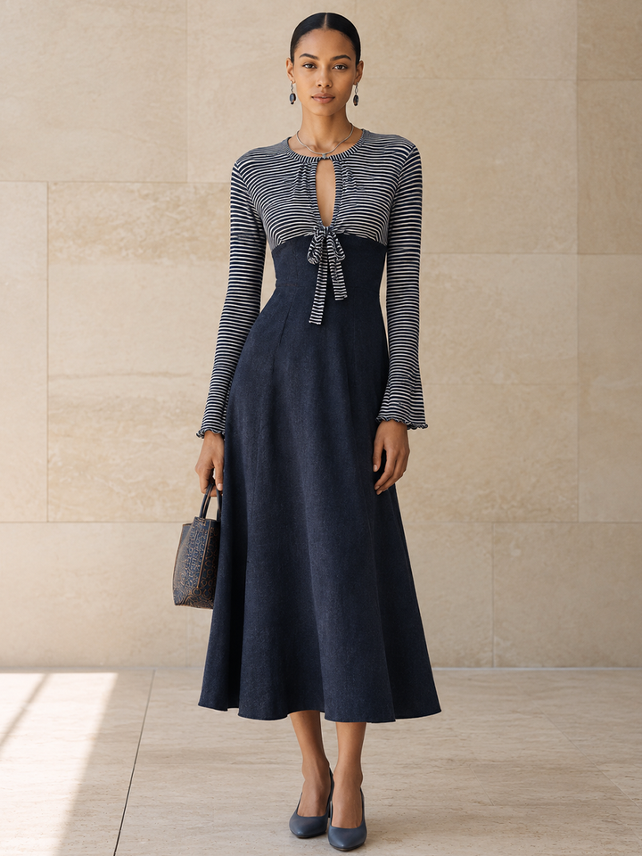 Vestido largo elegante con paneles y lazo frontal a rayas para mujer