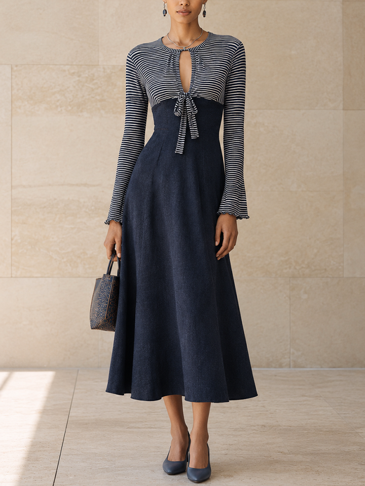 Vestido largo elegante con paneles y lazo frontal a rayas para mujer