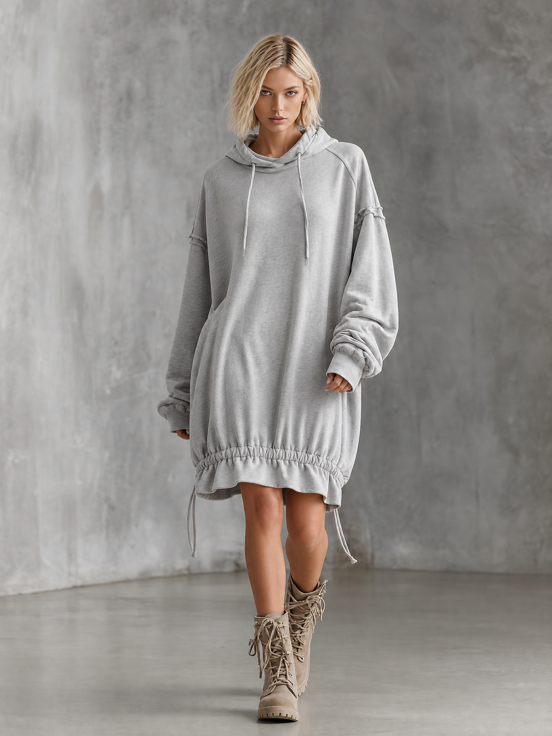Women's Oversized Drawstring Hem Grey Hoodie Dress