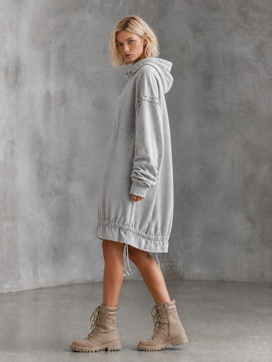 Women's Oversized Drawstring Hem Grey Hoodie Dress