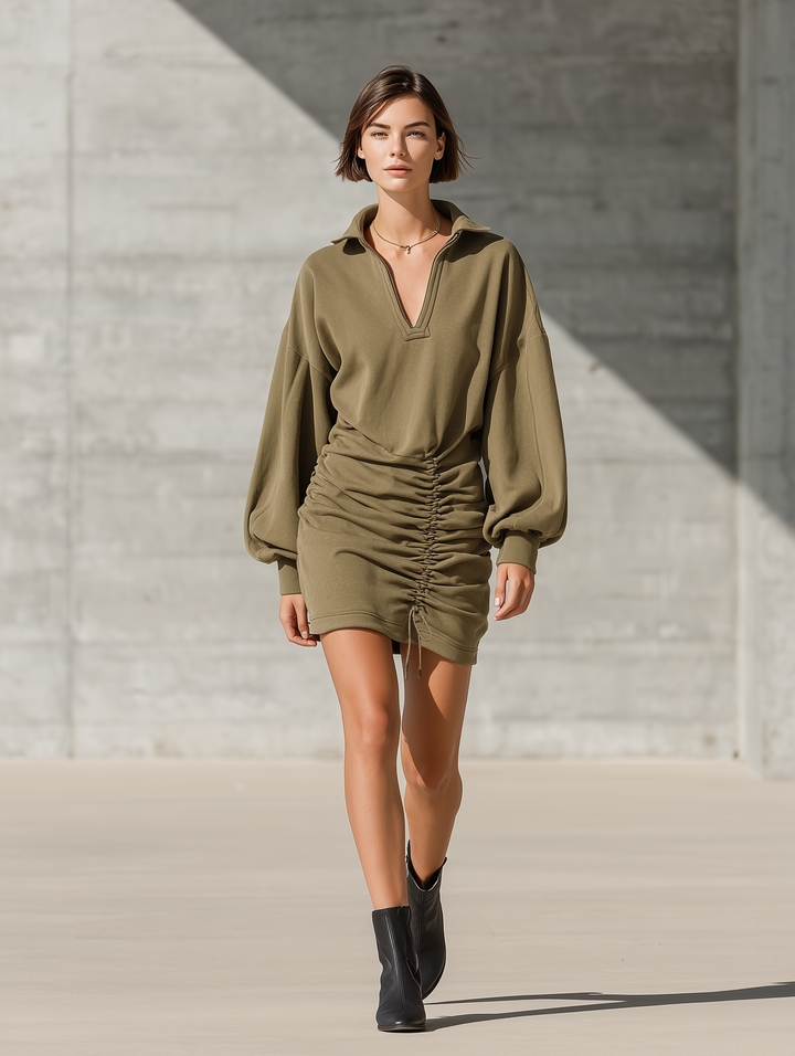 Women's Ruched Drawstring Olive Green Sweatshirt Dress