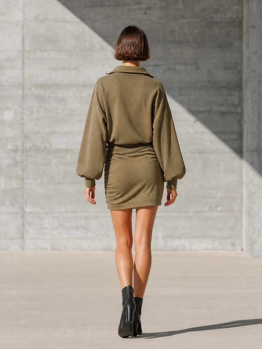 Women's Ruched Drawstring Olive Green Sweatshirt Dress