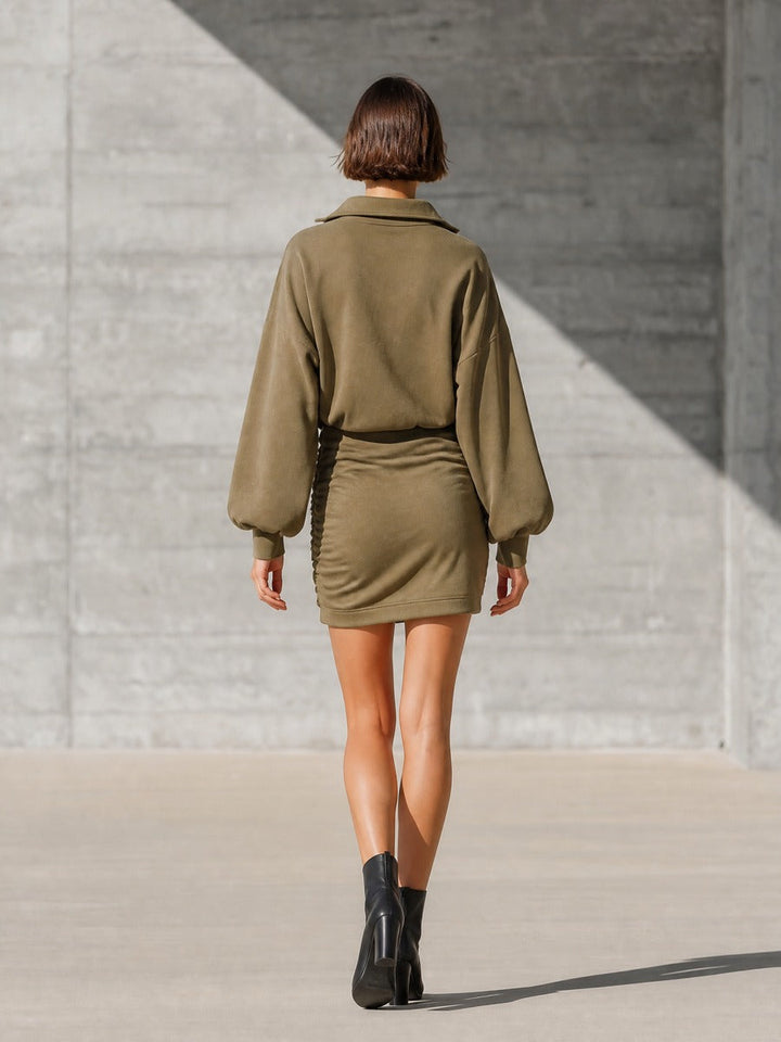 Women's Ruched Drawstring Olive Green Sweatshirt Dress
