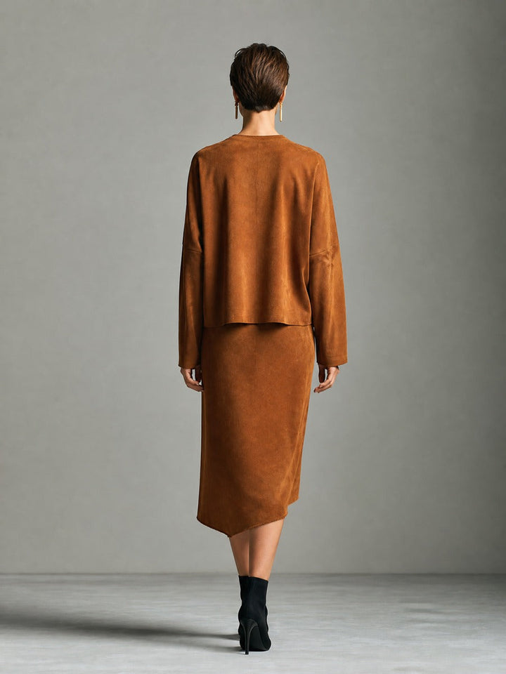 Women's Raw Edge Asymmetric Hem Brown Set