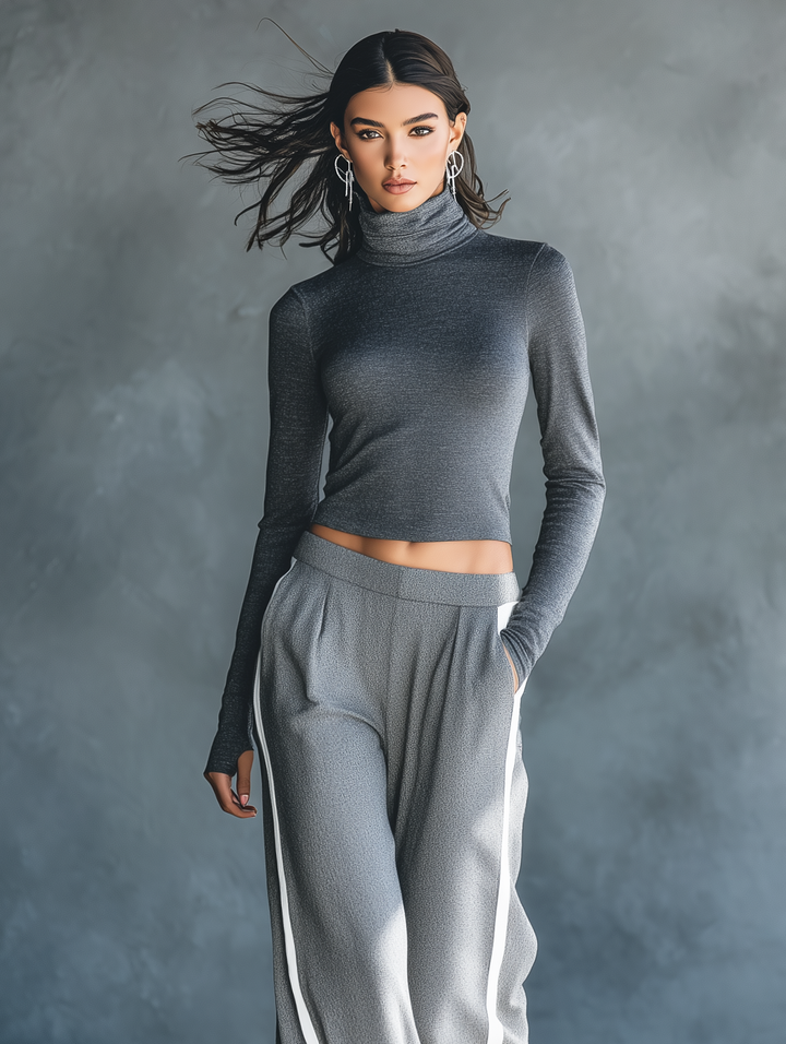 Women's Casual Grey Stretch-Knit Long-Sleeve Top And Woven Trousers Set