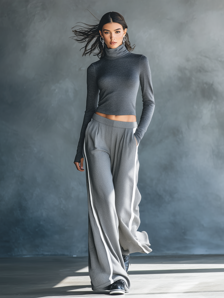 Women's Casual Grey Stretch-Knit Long-Sleeve Top And Woven Trousers Set