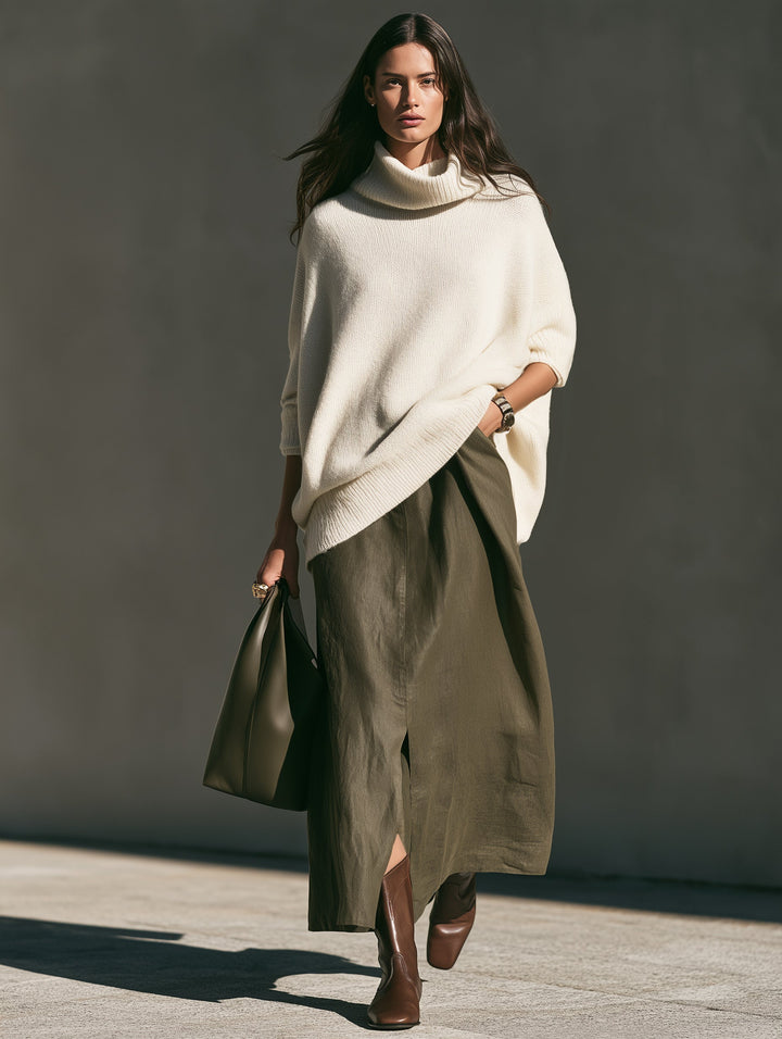 Women's Casual Beige Long-sleeve Turtleneck Knit Sweater