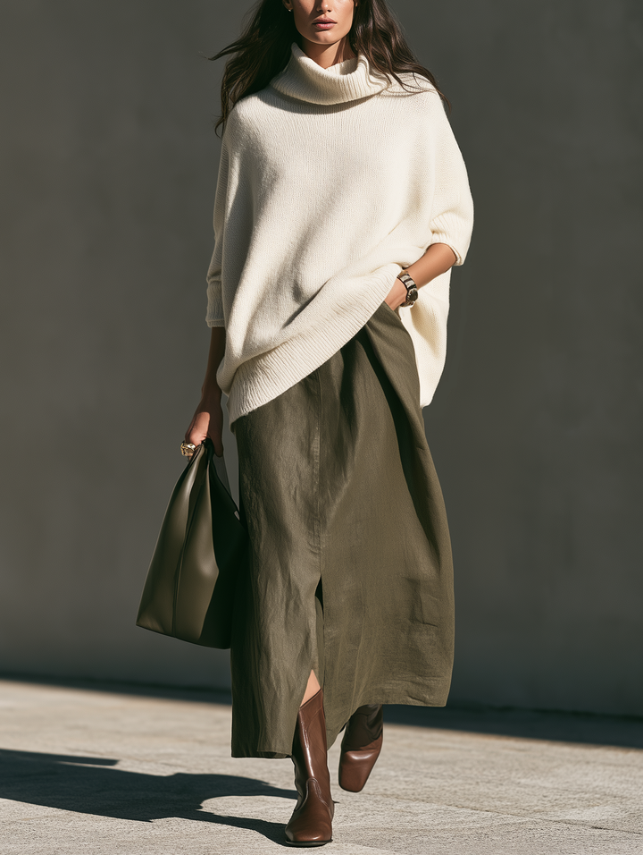 Women's Casual Beige Long-sleeve Turtleneck Knit Sweater