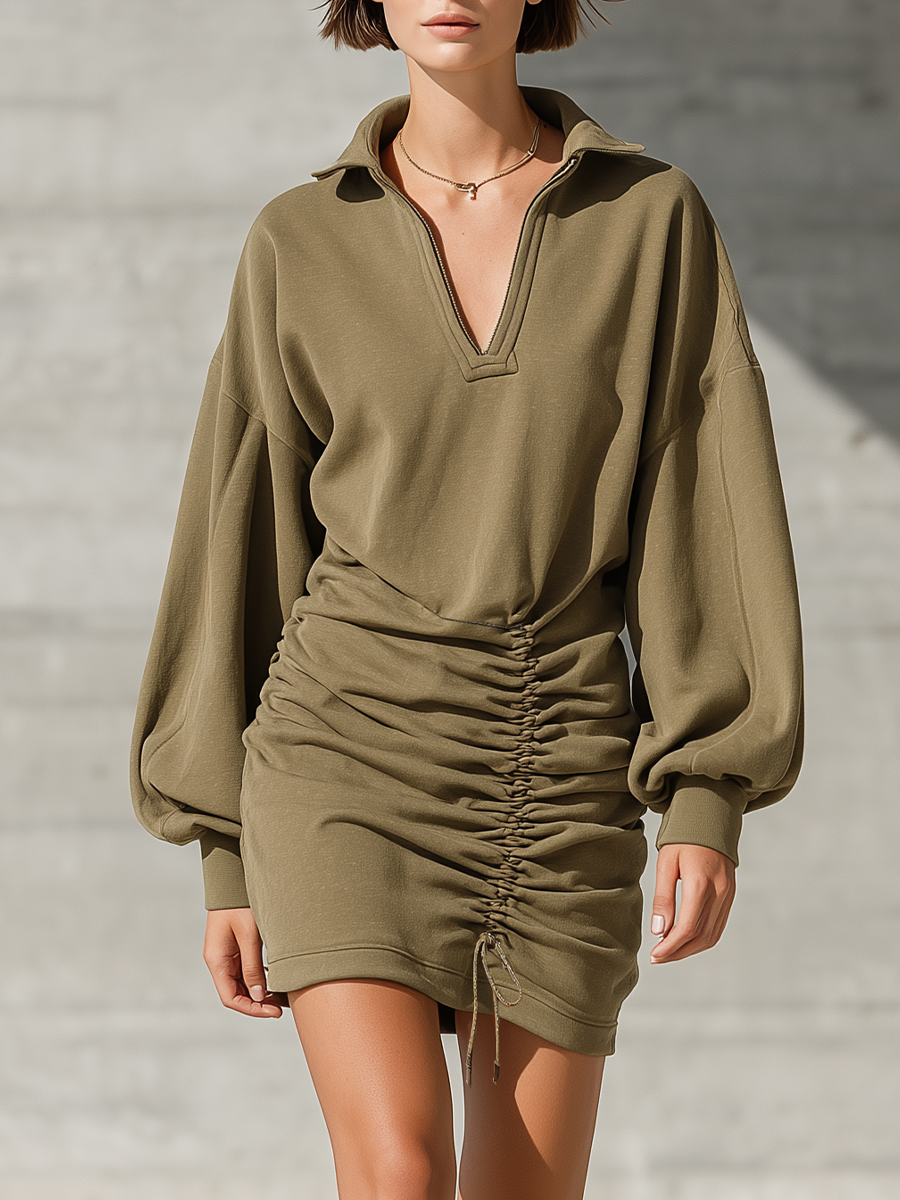 Women's Ruched Drawstring Olive Green Sweatshirt Dress