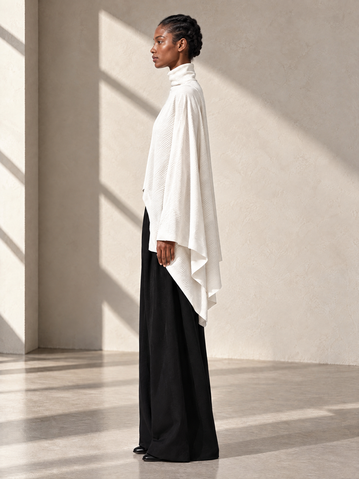 Women's Cream Asymmetric Shawl Turtleneck Top & Black Wide Leg Pant Set